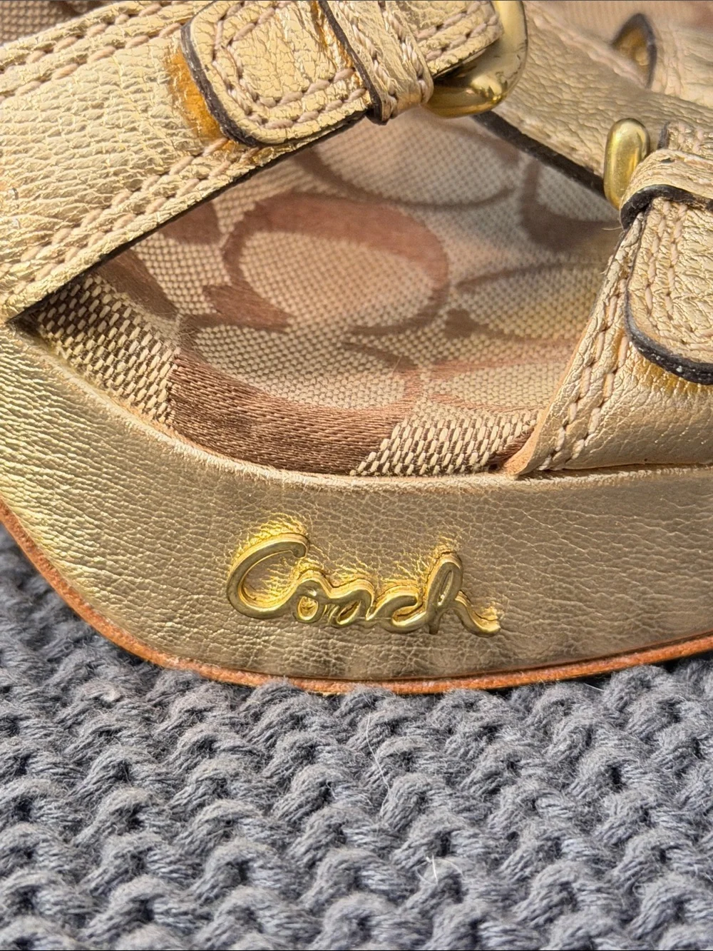 Coach Gold Leather & Signature Canvas Platform Heels